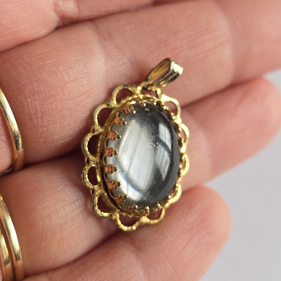 Vintage pendant silver clear cabochon Gold tone setting charm boho - Picture 5 of 12